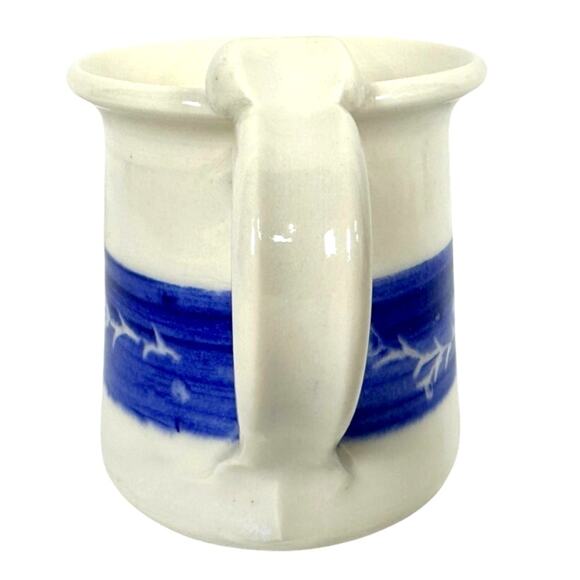 Hand Crafted Pottery Round Coffee Mug with Floral Blue Band-Comfy Handle-Mint! - Picture 2 of 6